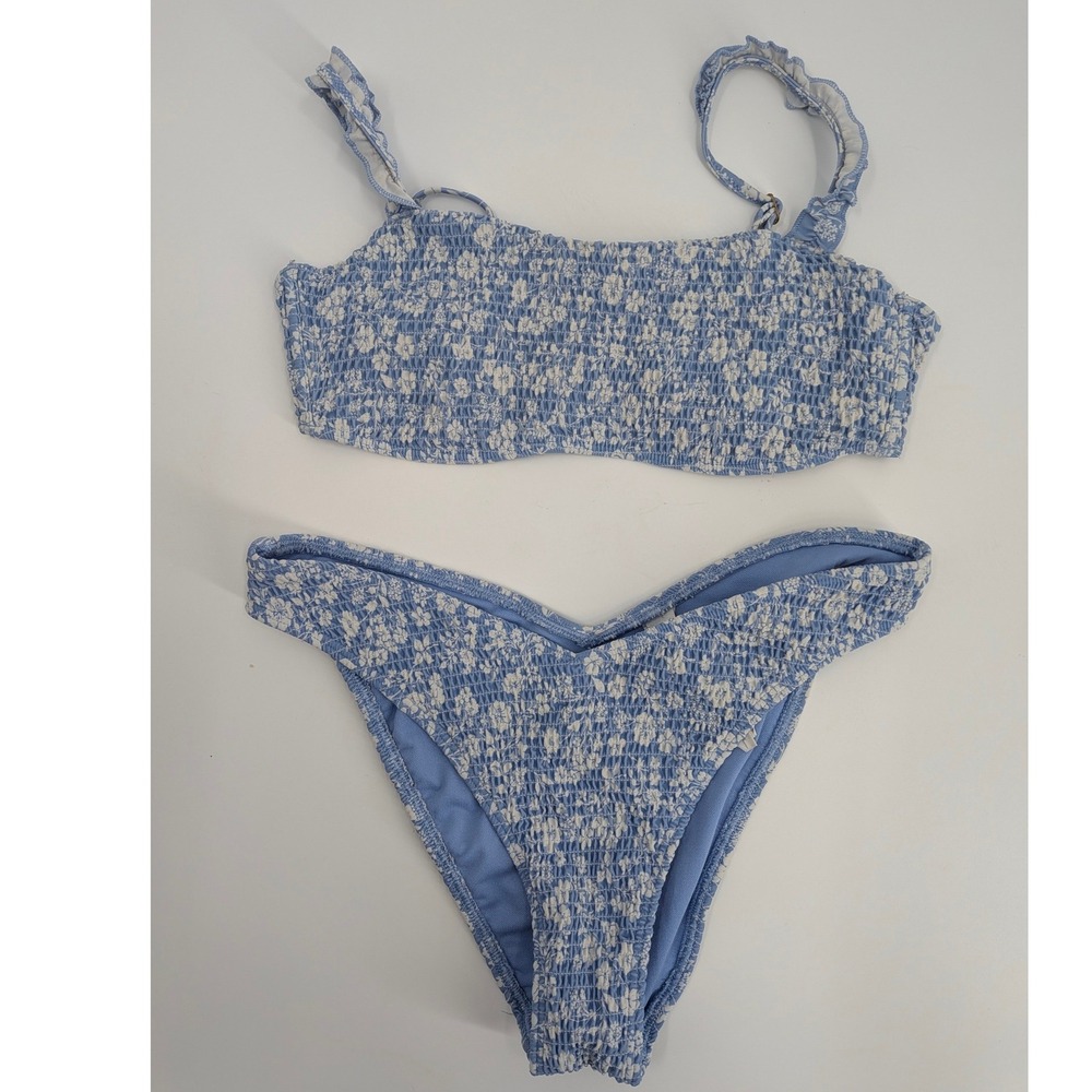 Hollister Swim Blue White Floral ribbed Bikini Set V-Front High Cut Medium